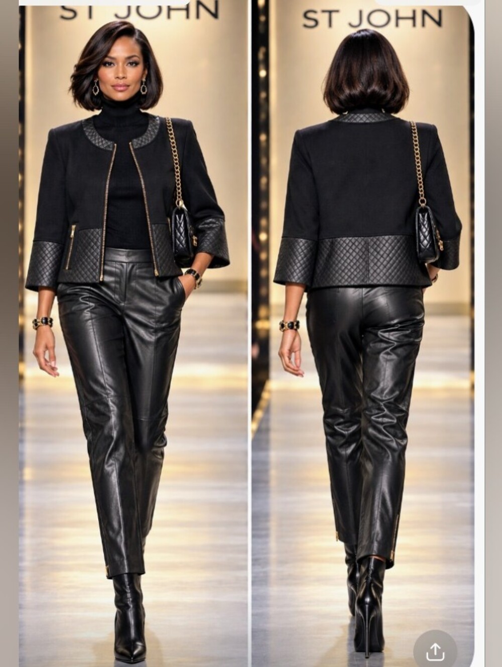 St John 10/12 Black Quilted Leather & Knit Side Ankle ZipperLeather Pants Suit